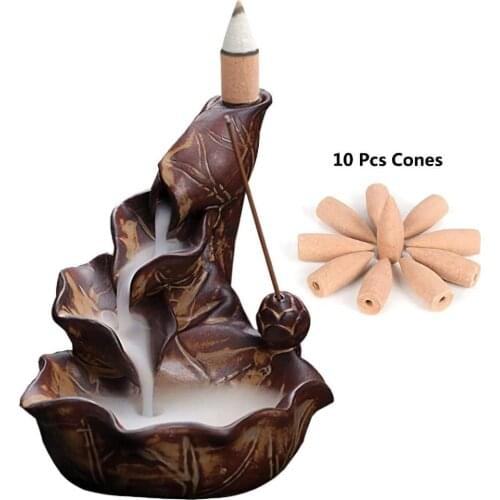 Ceramic Incense Burner Backflow Cones Sticks Holder Porcelain Lotus Pond Censer (Brown)