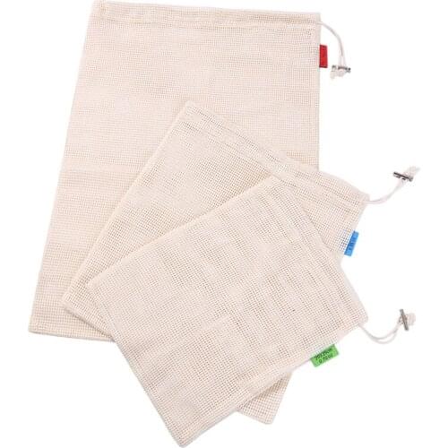 2Pcs Cotton Vegetable Bag Reusable Cotton Produce Bags Eco Mesh Bag For Vegetable Fruit Washable Drawstring Grid Bags