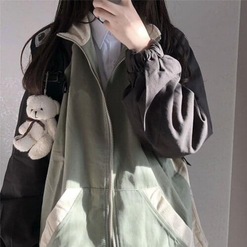 Stitching jacket women Oversize streetwear winter Korean vintage loose Gothic zipper coat Harajuku hip-hop long sleeve outerwear