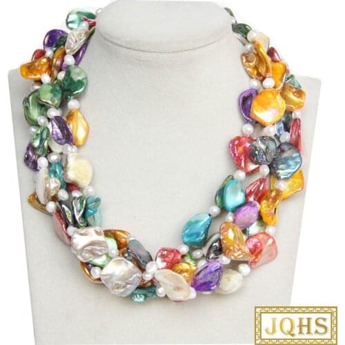 Natural 18" 5row Baroque white pearls Multicolor seashell necklace magnet clasp c41 jewelry