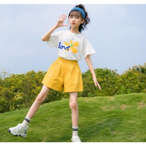 New Floral Pattern Girls Sets Short Sleeve Crew Neck Childrens Clothes for 3-15 Years Kids Clothes Shorts and Pant Two Pieces
