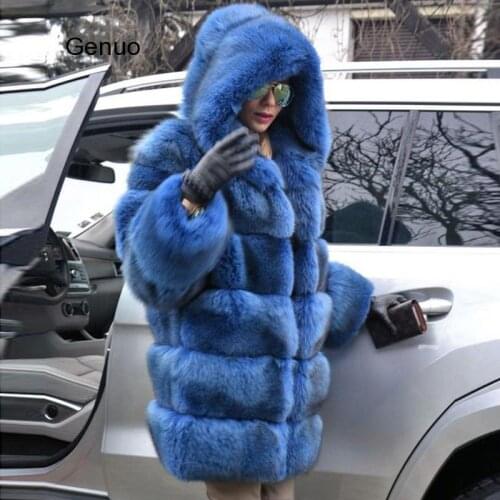 Hooded Fox Fur Coat Thick Warm Faux Fox Fur Jacket for Women Blue Outwear Long Fur Coats 2020 Winter Fashion Luxury Outwear