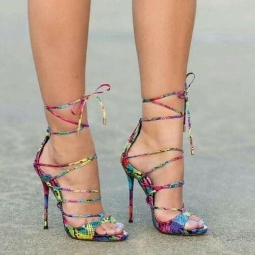 Fashion Women Open Toe Multi Snakeskin Strap Cross Thin Heel Gladiator Sandals Lace-up Mixed Colors High Heel Sandals Dress Shoe