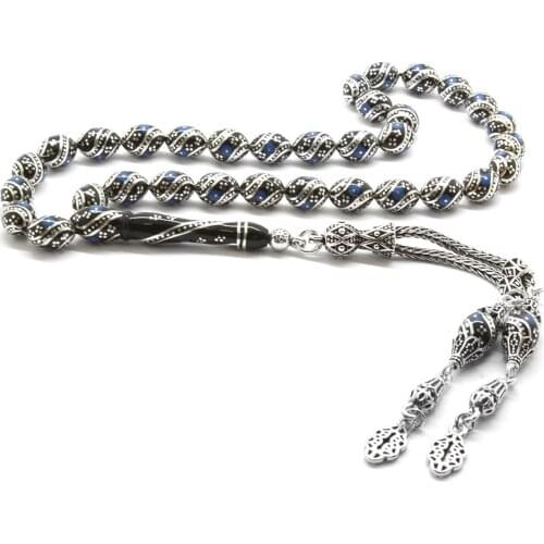 Tesbihane 925 Sterling Silver Tassels Silver-Turquoise Embroidered Barley Cut Erzurum Oltu Rosary (M4)