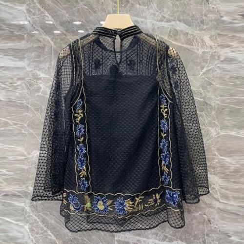 Style Luxury Loose Women 2021 Summer Flare Sleeve Runway Fashion Mesh Flower Emboirdery Beading Casual Blouse