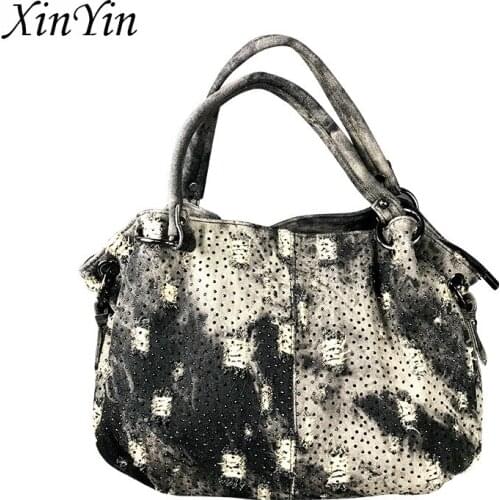 Luxury trendy creative diamond hole jeans handbags women bags designer ladies purse tote denim shoulder travel bag high quality