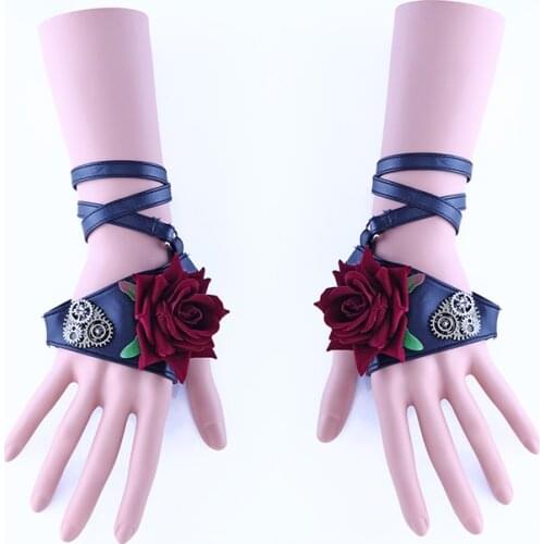 Gothic Female gloves Hot Sale Women Sexy Night Club Rose Gear GlovesSteam Punk Rock Black Faux Leather Gloves