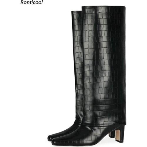 Ronticool Women Winter Italian Style Knee Boots Stone Pattern Block Heel Square Toe Catwalk Shoes Plus US Size 5-13