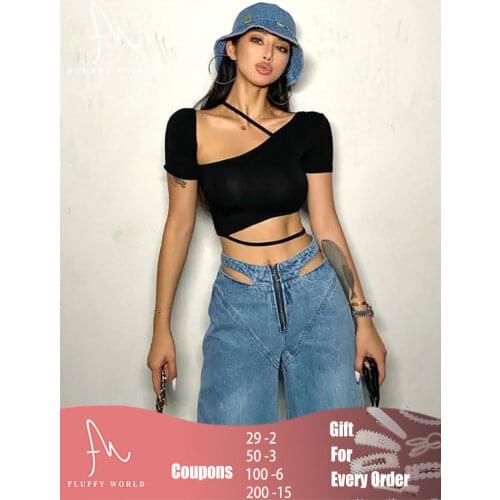Hollow Out Crop Top Y2K Irregular Tee Shirts for Women Asymmetrical Streetwear White and Black Short Sleeve Lace Up T-Shirts