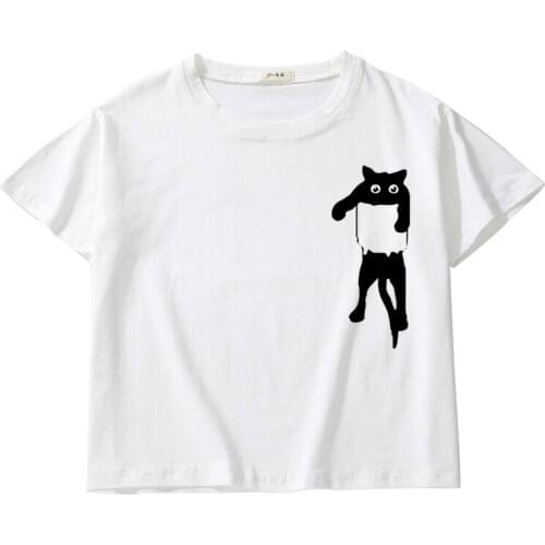 Strange Cat Printing Women Summer Crop Tees Breathable Cotton Top Girl O-Neck T-Shirt Kids Short Sleeve Casual Short Tops