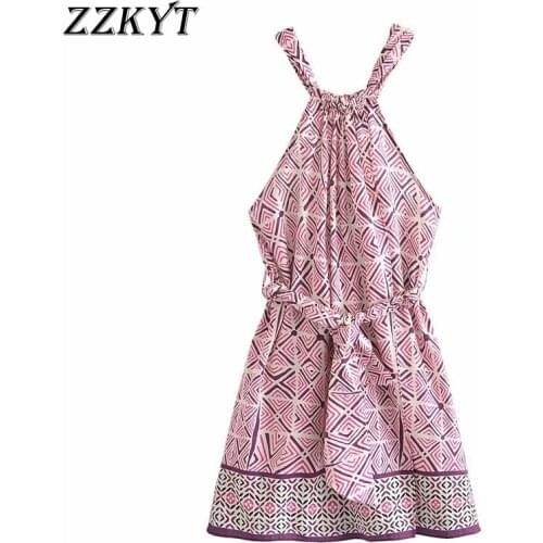 ZZKYT 2021 Women Summer Fashion Print Bow Tie Sashes Mini Dress Vintage Sexy Sleeveless Backless Female Party Dresses Vestidos