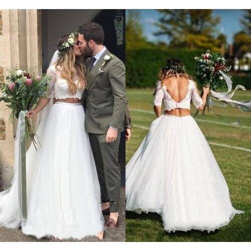 2020 Arabic Two Pieces Wedding Dresses Jewel Backless Half Sleeve Sweep Train Lace Garden Country Bridal Gowns vestido de novia