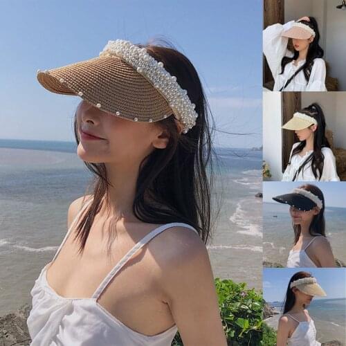5-Color Women Handmade Pearl Beach Straw Hat Sunhat Summer Pearl Hollow Pointed Sunhat Korean Version Face-Covering Cap