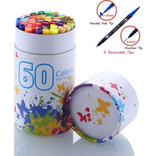 60 Colors Art Markers Pens Fineliner Color Pens Drawing Painting Watercolor Marker Dual Tip Brush Pen School Stationery Supplies