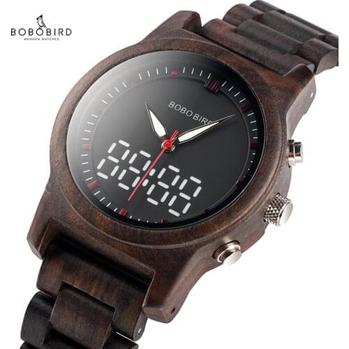 BOBO BIRD Men Watch LED Dual Display Clock Wood Digital Wristwatch Wooden Band Relogio Masculino J-R02