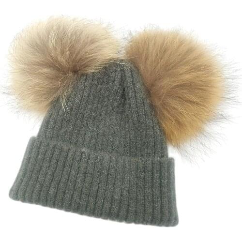 Autumn and winter new knitted hat double raccoon dog real wool ball childrens hat imitation cashmere modeling cute knitting hat
