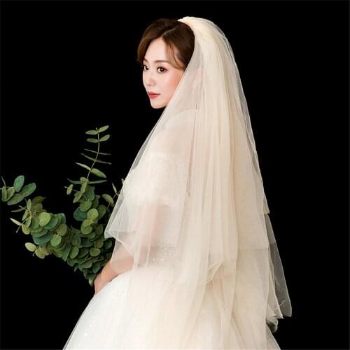 Short Wedding Veil Bridal Veil Face-Covered Blusher Veil with Pearls Two-Layer Soft Tulle Simple velo de novia Champagne
