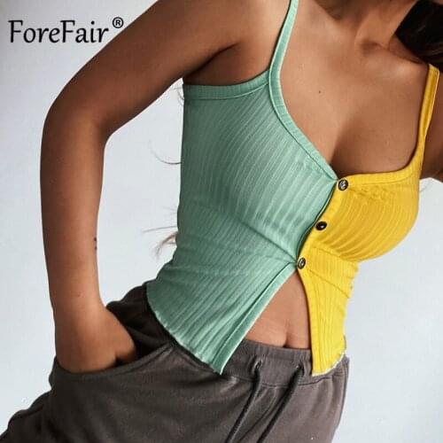 Forefair Color Matching Buttons Vest With Straps 2021 Summer Backless Tank Top Club Women Slim Sleeveless Crop Tops