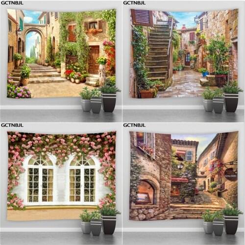 Landscape Tapestry Street Architecture Flower Plant Scenery Tapestries Hippie Living Room Bedroom Background Wall Hanging Fabric