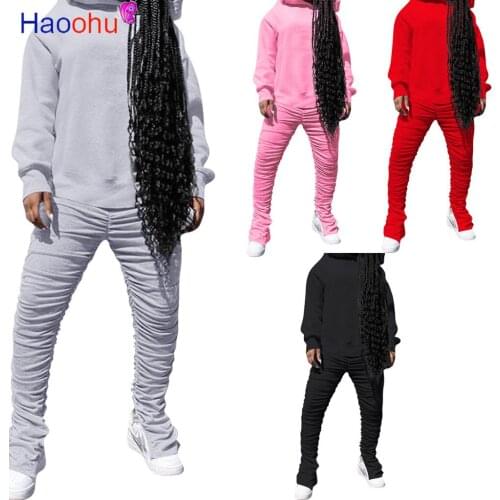 HAOOHU winter warm Womens Set Two Piece Set Hoodies top +Stacked Pants Suit Tracksuit Matching Set Classic Outfits