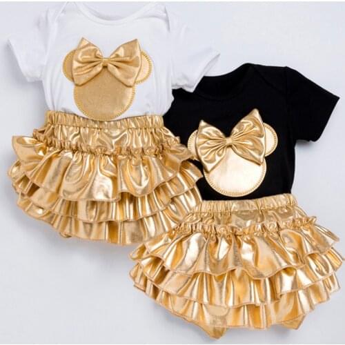 Newborn Baby Girls 4 Piece Outfit Clothes White Black Mickey Romper Gold Stamping Shorts Bow Headband Shoes Sets Infant Bodysuit