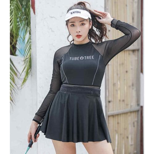Swimsuit Womens Fashion Big Size Small Chest Gathered Black Long-Sleeved Triangle One-Piece High-Waist Quick Dry Split Skirt