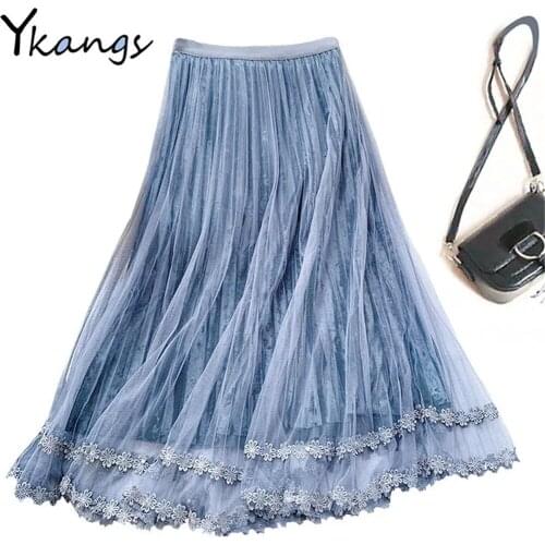 Summer Pleated Skirt Women Autumn Winter Gold Velvet Lace Stitching Mesh Skirt Korean Female Plus Size High Waist A-Line Skirt