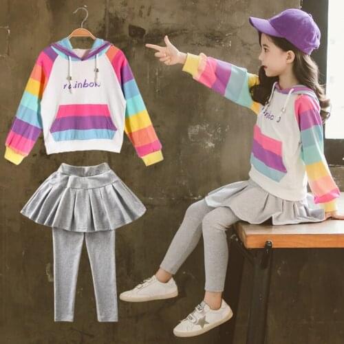 Fashion Girls Clothes Set Teens Tracksuit Spring 2020 Autumn Long Sleeve Rainbow Patchwork Hooded Top+Pantskirt 2pcs Kids Suits