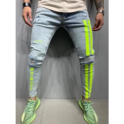Biker Ripped Jeans Men Skinny Striped Zipper Denim Hole Wash Vintage Hip Hop Work Trousers Slim Printed Jeans European Big Size
