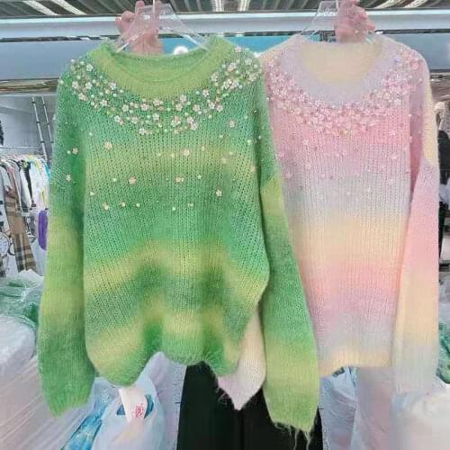 2021 New Autumn Winter Women Knitted Sweaters Diamond Colored Stripes Loose O-neck Pullovers Top Long-sleeved Knit Sweater