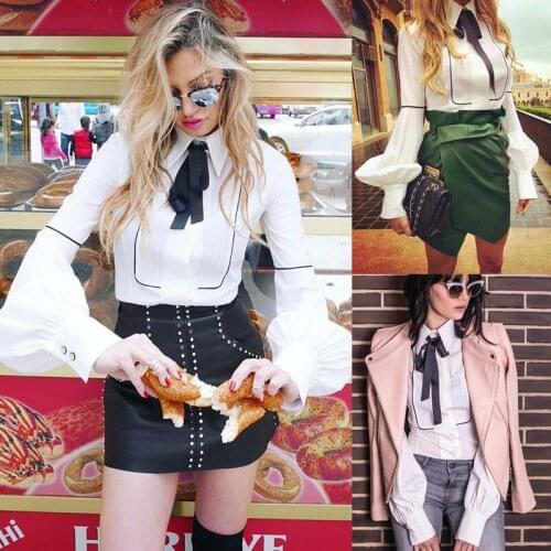 New Fashion Women OL Summer Shirts Long Sleeve Tie Neck Blouses New Fashion Chic Female Shirt