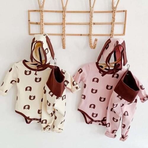 New Autumn 3pcs Casual Baby Boys Clothes Set Bear Print Cotton Bodysuit Pants Hat Toddler Baby Girl Outfit Kids Home Clothes Set