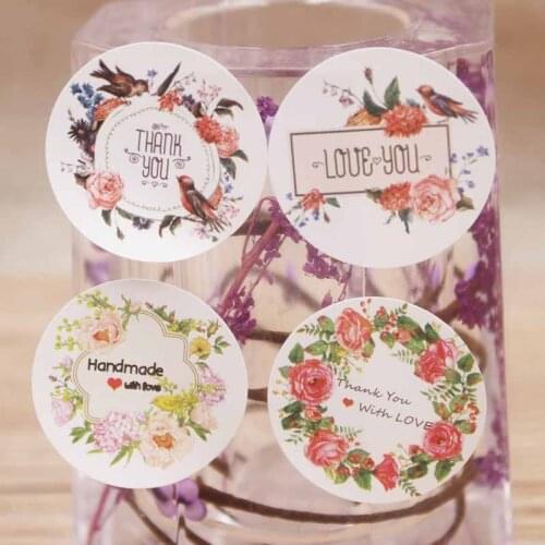 New sticker 200pcs DIY love you /Thank you /handmade with love flower with Happy birds white background 3x3cm round shape label