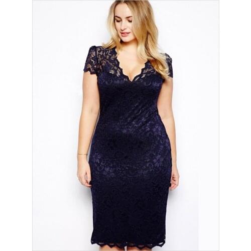 Summer Fashion Sexy Women Party Midi Dress V Neck Floral Bodycon Pencil Lace Dresses Plus Size Clothing Big Size Vestidos