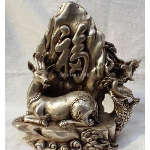 11" Lucky Chinese Silver Home Fengshui Fu Wealth Deer With Birds & Hill Statue