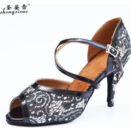 Shengzixun The latest net cloth + PU Latin dancing shoes high heels in women Dance salsa tango dancing shoes 6 cm