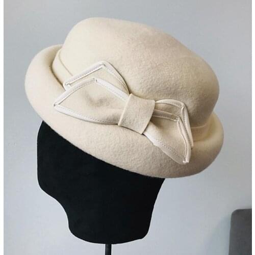 Elegant Roll Up Brim Ladies Winter Fedoras Big Bowknot Felt Hat Women Flat Top Wool Hat Derby Church Wedding Party Dress Hat