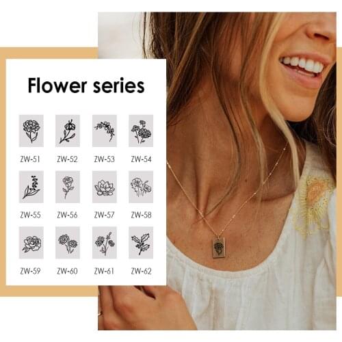 Visunion 316L Stainless Steel Necklace Link Chain Square Engraving Birthday Flowers Series Pendant Necklace for Women Gift