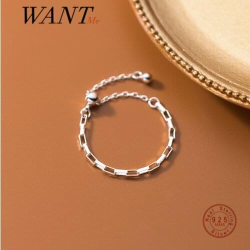 WANTME Genuine 925 Sterling Silver Punk Square Interlocking Link Chain Adjustable Ring for Women Korean Minimalist Party Jewelry