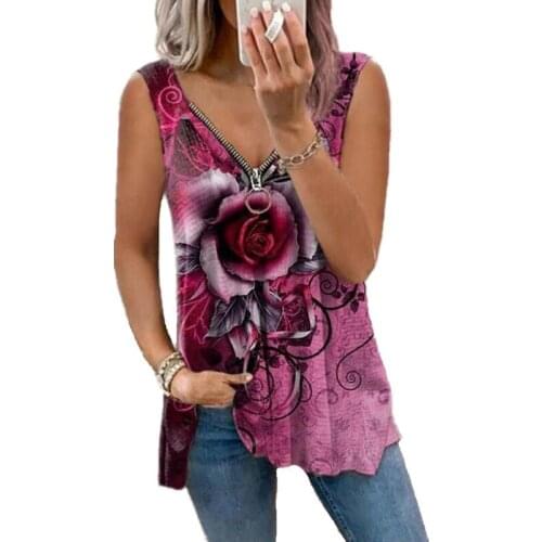 2021 Womens Wear V-neck Zipper Rose Printing Casual T-shirt Top Vest Purple Red Green Black Tops