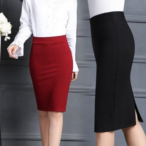 Ladies Office Wear 2021 Summer Midi Pencil Skirt High Waist Slim Tight Wrap Hip Skirts Black/Wine Red Classic Fashion Collection