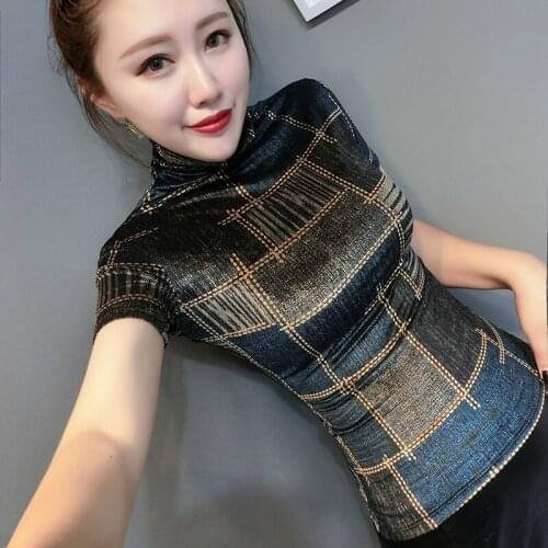 2020 Spring Women Velvet Tops Plaid Print T-shirts Autumn Winter Turtleneck Pullovers T shirt Women Bottoming Tee Shirt Clothes