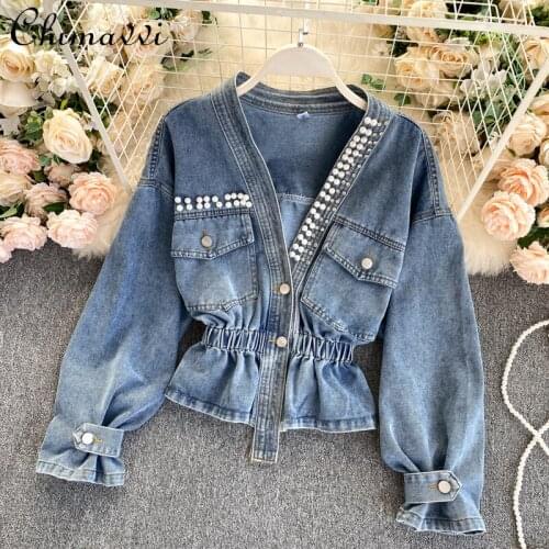 Vintage Denim Jacket Womens Heavy Beads V-neck Slim-Fit Short Jean Coat 2021 Spring/Autumn Puff Sleeve Cardigan Top Fashion