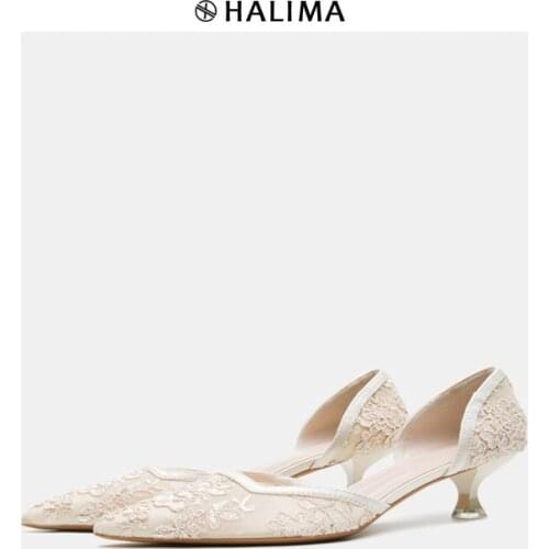 Female Sandals Designer Korean Shallow Mouth Pointed Hollow High Heel Shoes Lace Mesh Medium Heel Shoes Womens Wedding Shoes