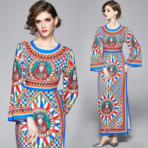 Womens Spring and Autumn New Fashion Bell-Sleeve Long Sleeve Waist Slim-Fit Long Printed Slit Dress