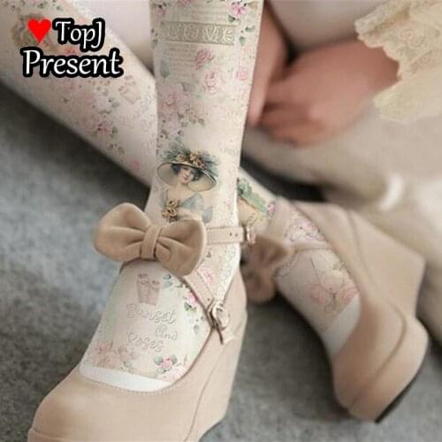80D Women Sweet Harajuku Lolita Pantyhose Velvet Print Rose Floral Silk Stockings Japanese Kawaii Tights