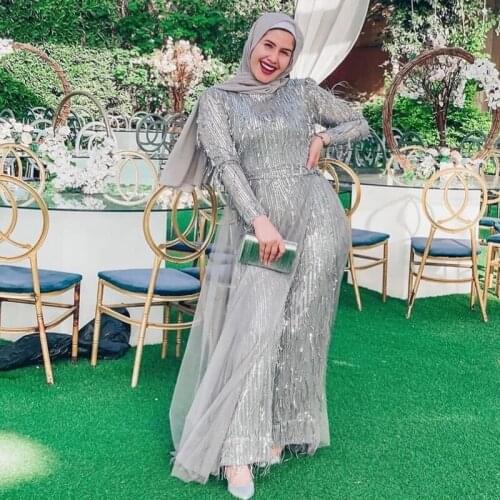 Glitter Silver Sequins Muslim Jumpsuit Formal Prom Dresses Long Sleeves Plus Size Evening Women Gowns For Dubai Arabic Robe De