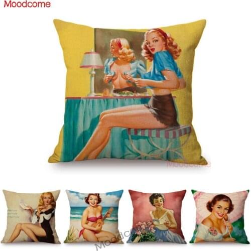 50s Fashion Sexy Girl Vintage Poster Tempting Art Oil Painting Home Bar Decoration Throw Pillow Case Car Pillow Cushion Cover