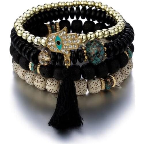 Fashion Multilayers Bodhi Beaded Bracelet Zircon Fatimas Hand Tassel Amulet Bracelets for Men and Women Religious Style Jewelry