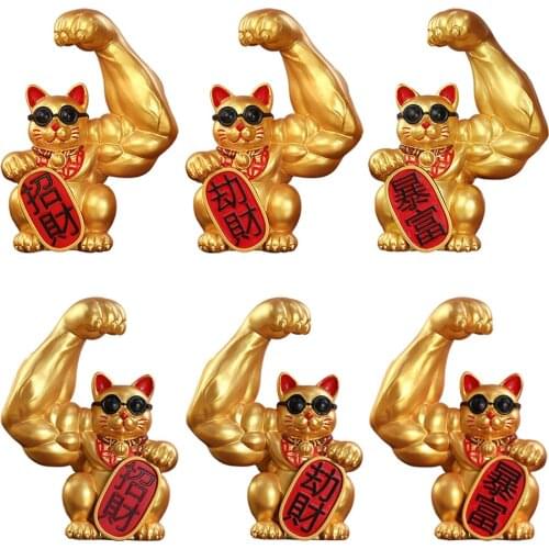 Resin Muscle Arm Lucky Cat Statue Figurines Feng Shui Animal Crafts Office Room Home Door Interior Decoration Gift Accessories